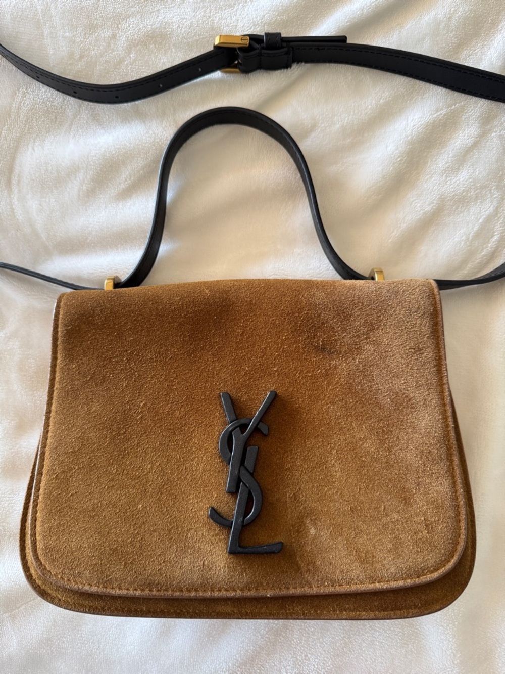 Saint Laurent Brown Suede Crossbody Bag with Black YSL Hardware (pre-loved)